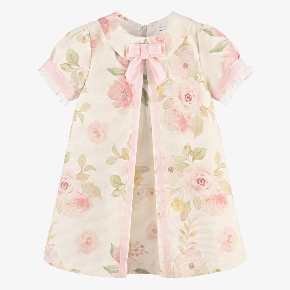 Beatrice & George-Girls Ivory & Pink Floral Dress with Velvet Bow | Childrensalon