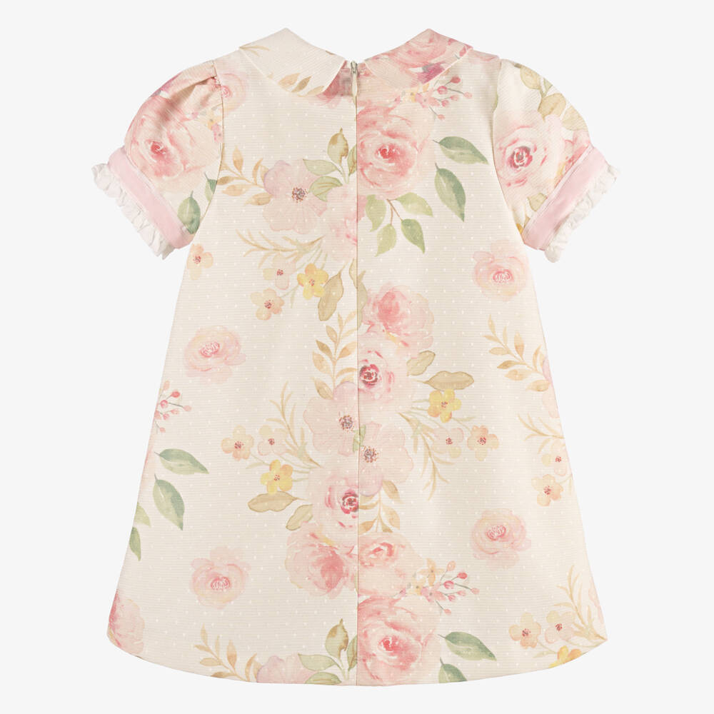 Beatrice & George-Girls Ivory & Pink Floral Dress with Velvet Bow | Childrensalon