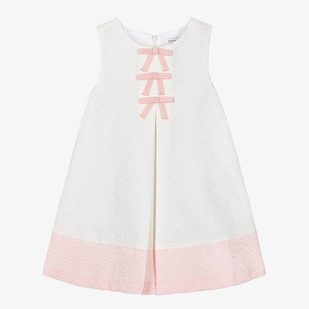 Beatrice & George-Girls Ivory & Pink Jacquard Dress with Bows | Childrensalon