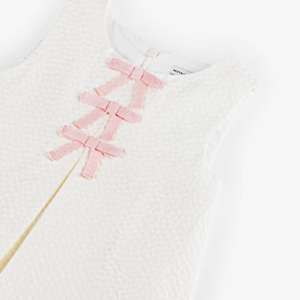 Beatrice & George-Girls Ivory & Pink Jacquard Dress with Bows | Childrensalon