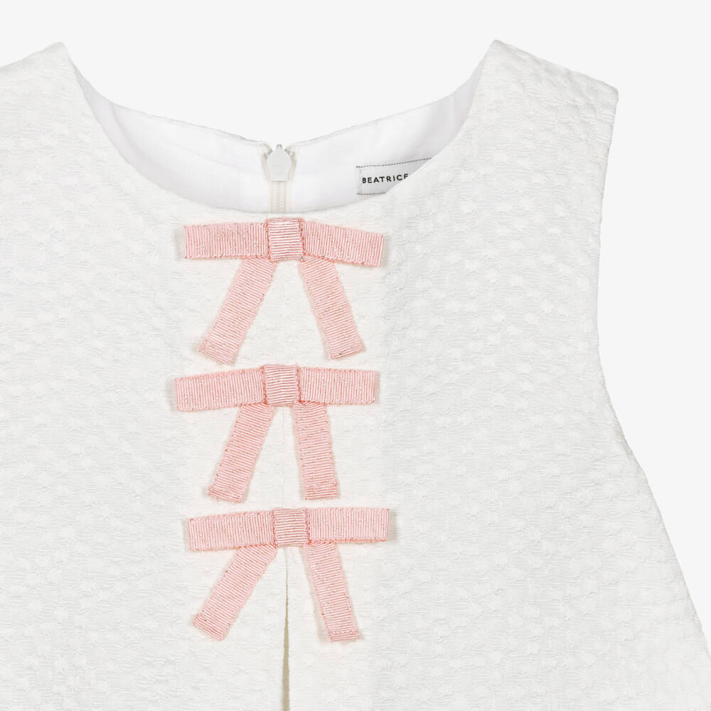 Beatrice & George-Girls Ivory & Pink Jacquard Dress with Bows | Childrensalon
