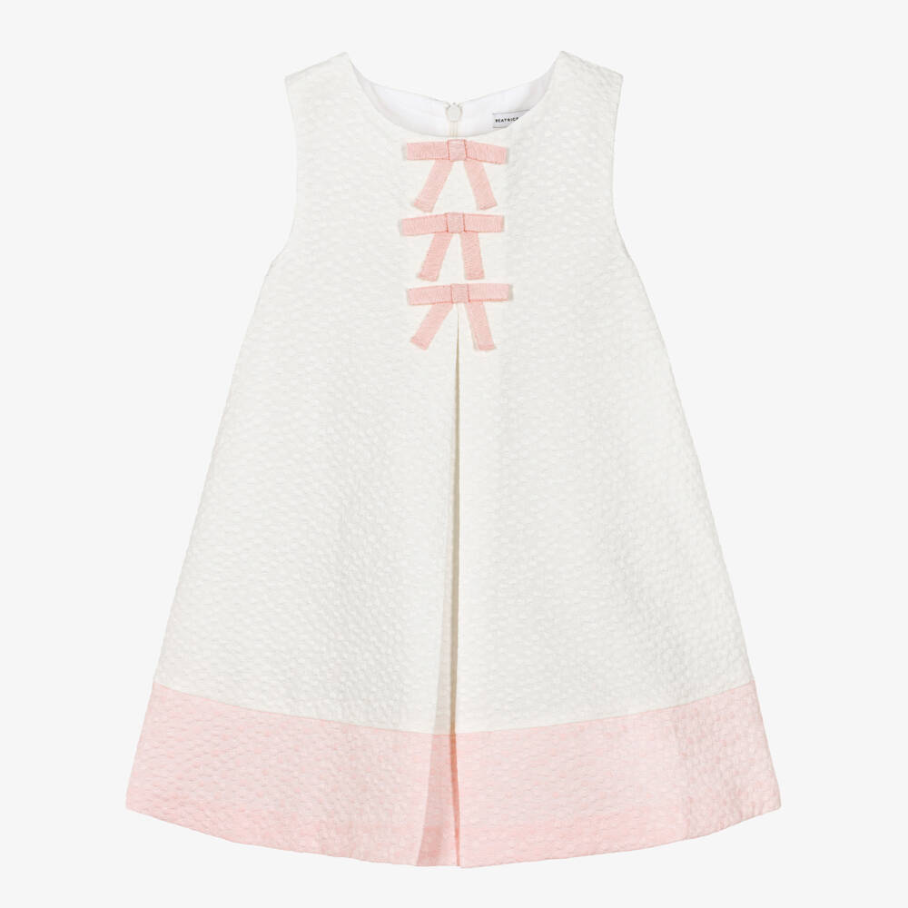 Beatrice & George-Girls Ivory & Pink Jacquard Dress with Bows | Childrensalon