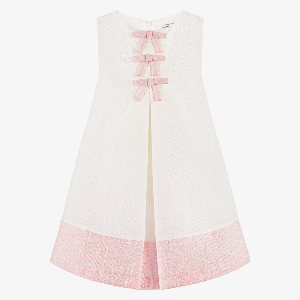 Beatrice & George-Girls Ivory & Pink Jacquard Dress with Bows | Childrensalon