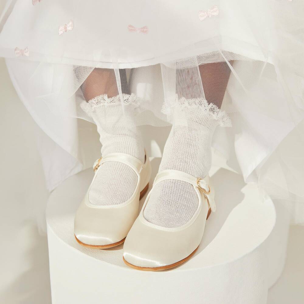 Beatrice & George-Girls Ivory Satin Mary Jane Shoes | Childrensalon