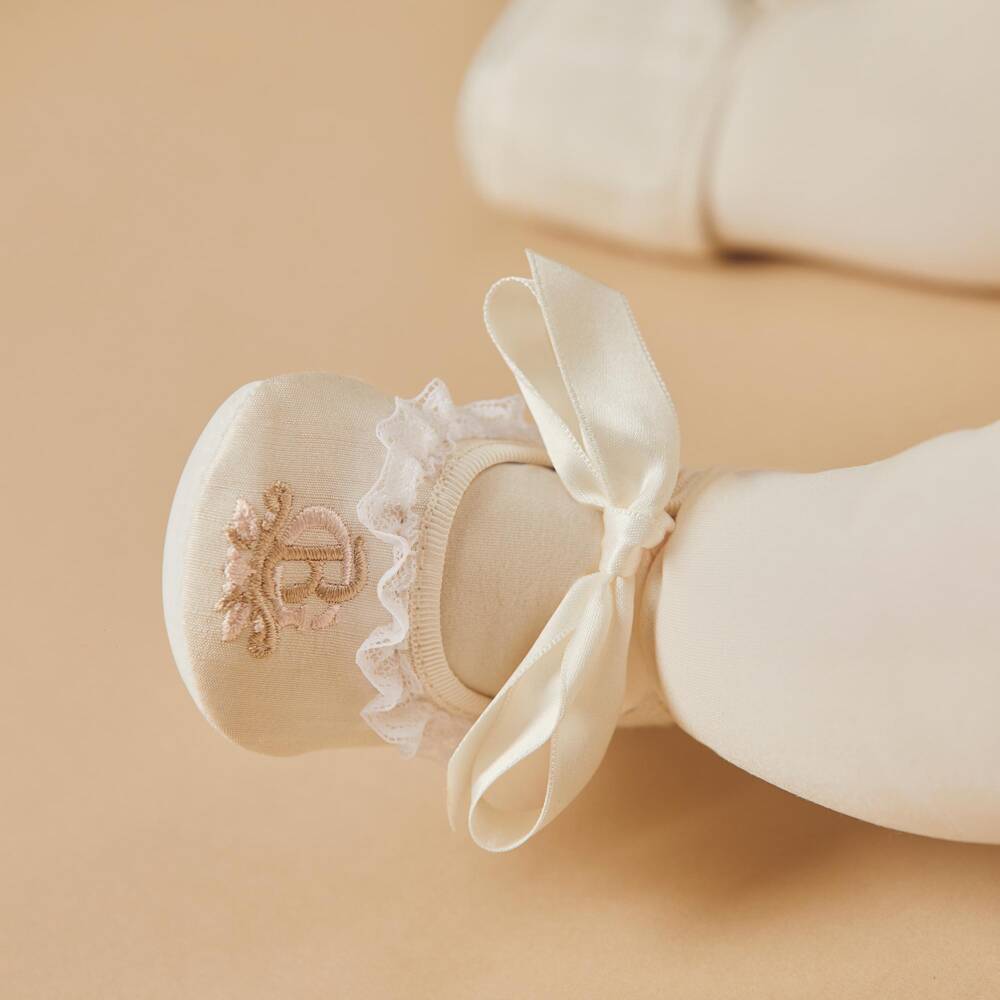 Beatrice & George-Girls Ivory Silk Embroidered Pre-Walker Shoes | Childrensalon