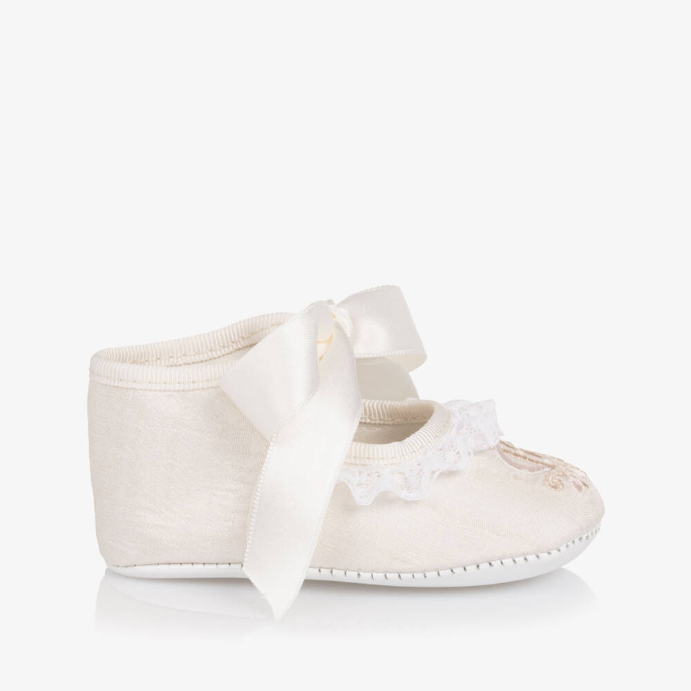 Beatrice & George-Girls Ivory Silk Embroidered Pre-Walker Shoes | Childrensalon