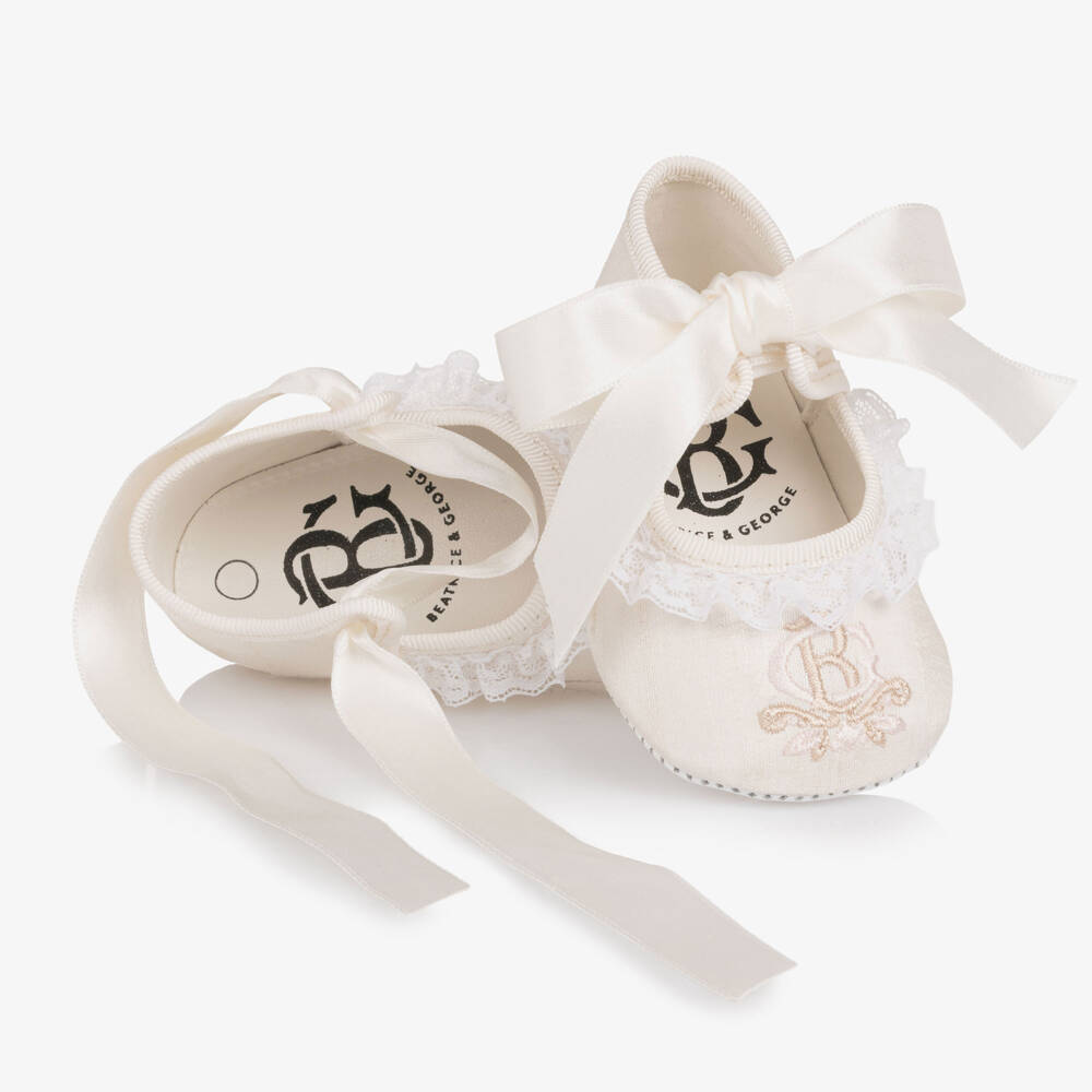 Beatrice & George-Girls Ivory Silk Embroidered Pre-Walker Shoes | Childrensalon