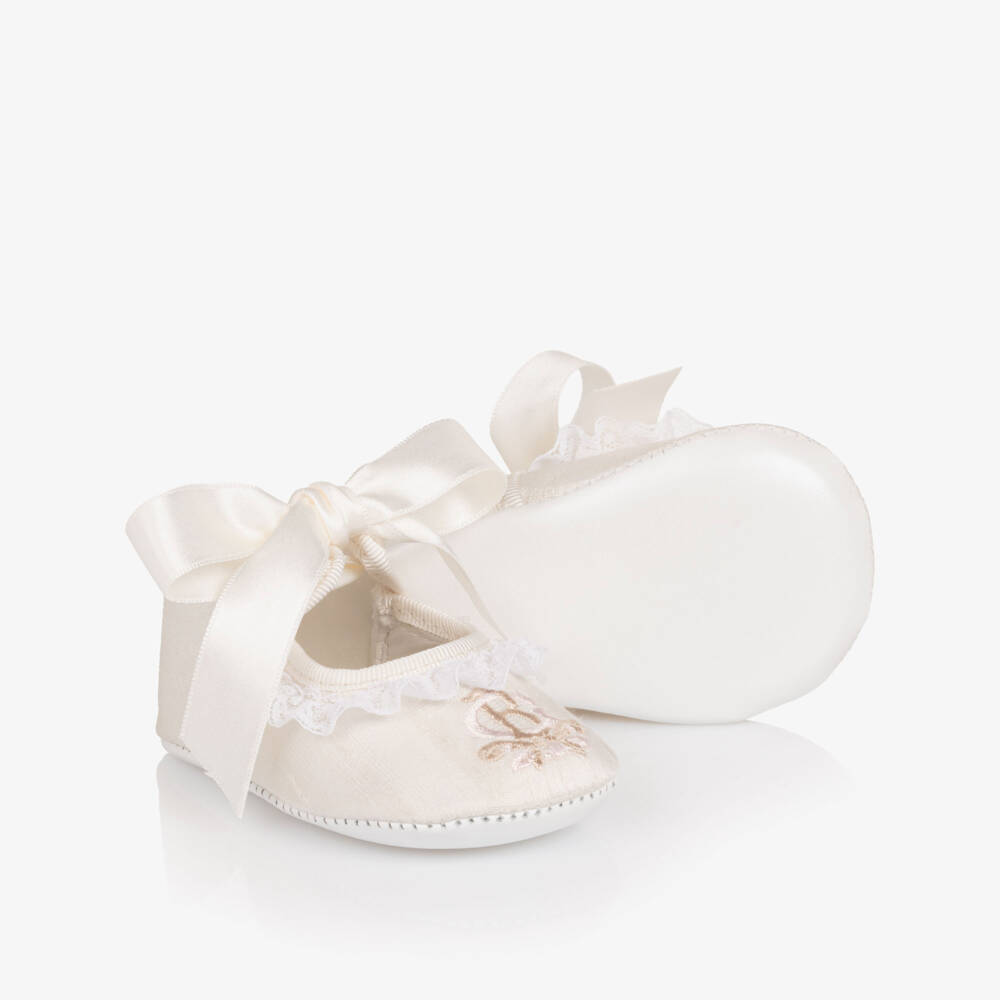 Beatrice & George-حذاء لمرحلة قبل المشي حرير مطرز لون عاجي للبنات الرضع | Childrensalon