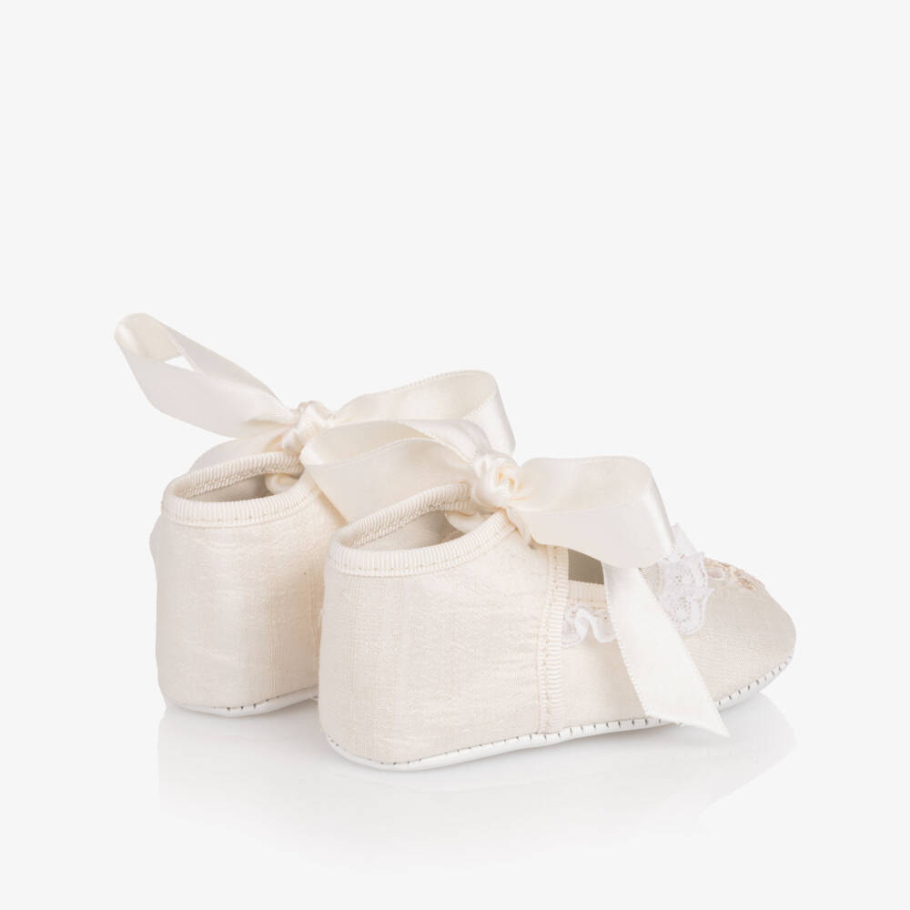 Beatrice & George-Girls Ivory Silk Embroidered Pre-Walker Shoes | Childrensalon
