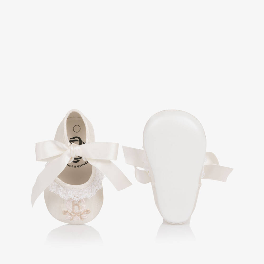 Beatrice & George-Girls Ivory Silk Embroidered Pre-Walker Shoes | Childrensalon