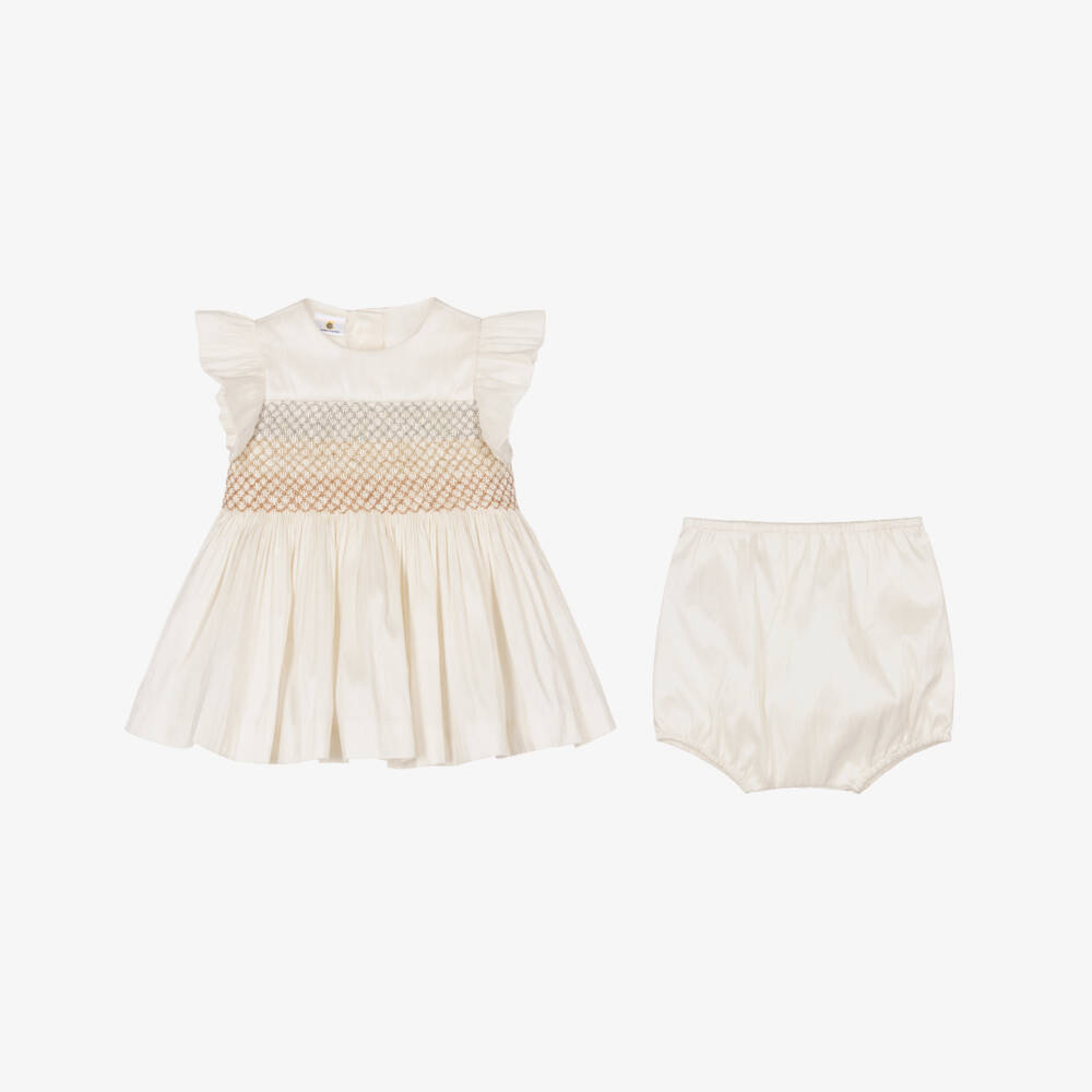 Beatrice & George X Childrensalon-Girls Ivory Smocked Dupion Joy Dress | Childrensalon