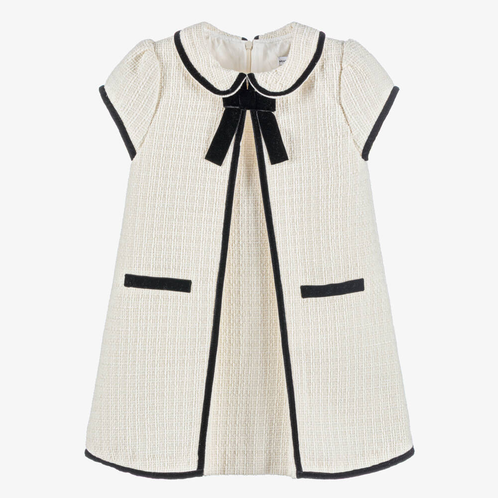 Beatrice & George-Girls Ivory Tweed & Black Velvet Dress | Childrensalon