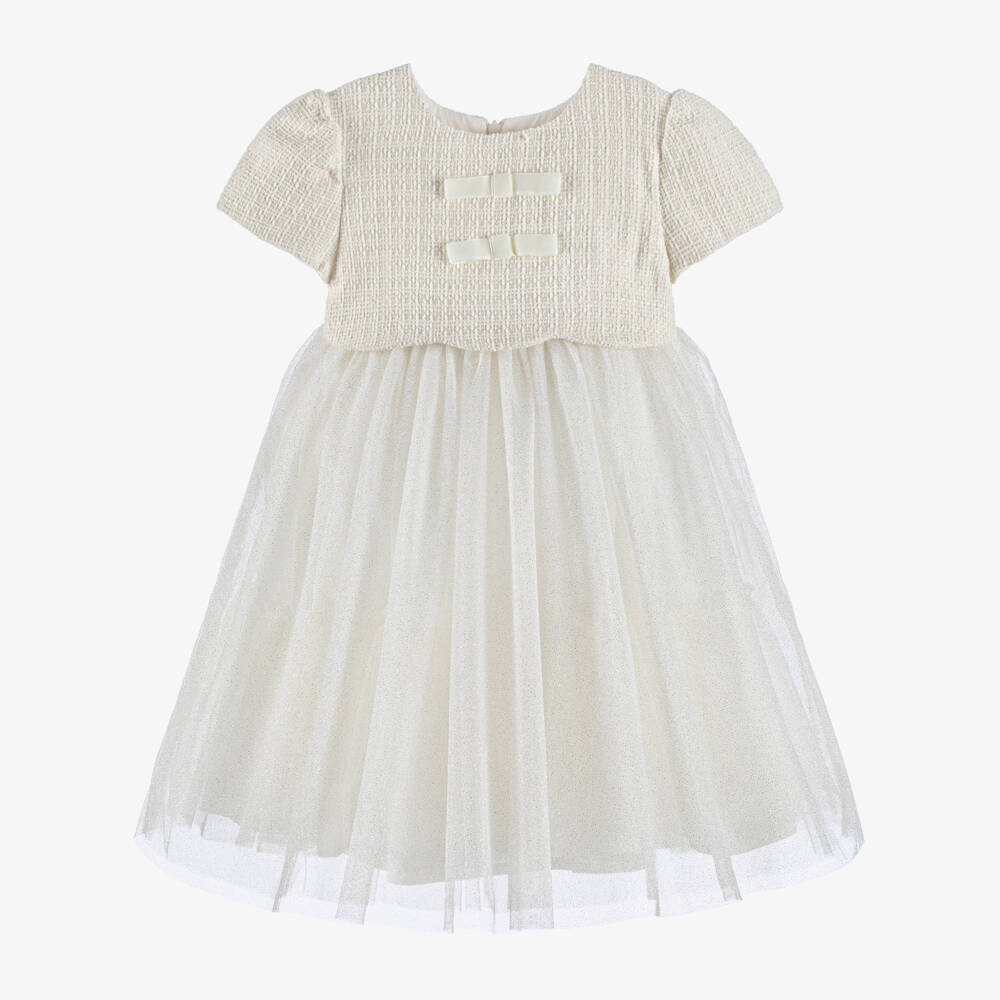 Beatrice & George-Girls Ivory Tweed & Glittery Tulle Dress | Childrensalon