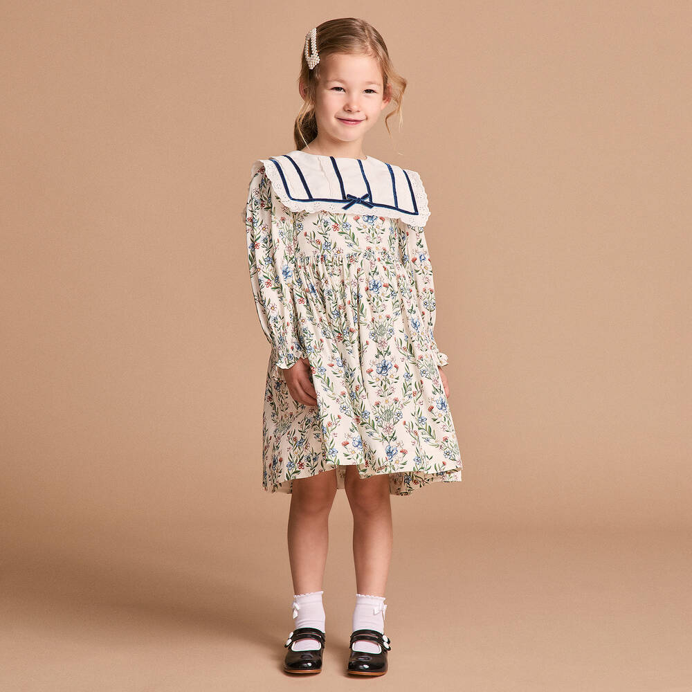 Beatrice & George-فستان بطبعة ورود فيسكوز لون عاجي | Childrensalon