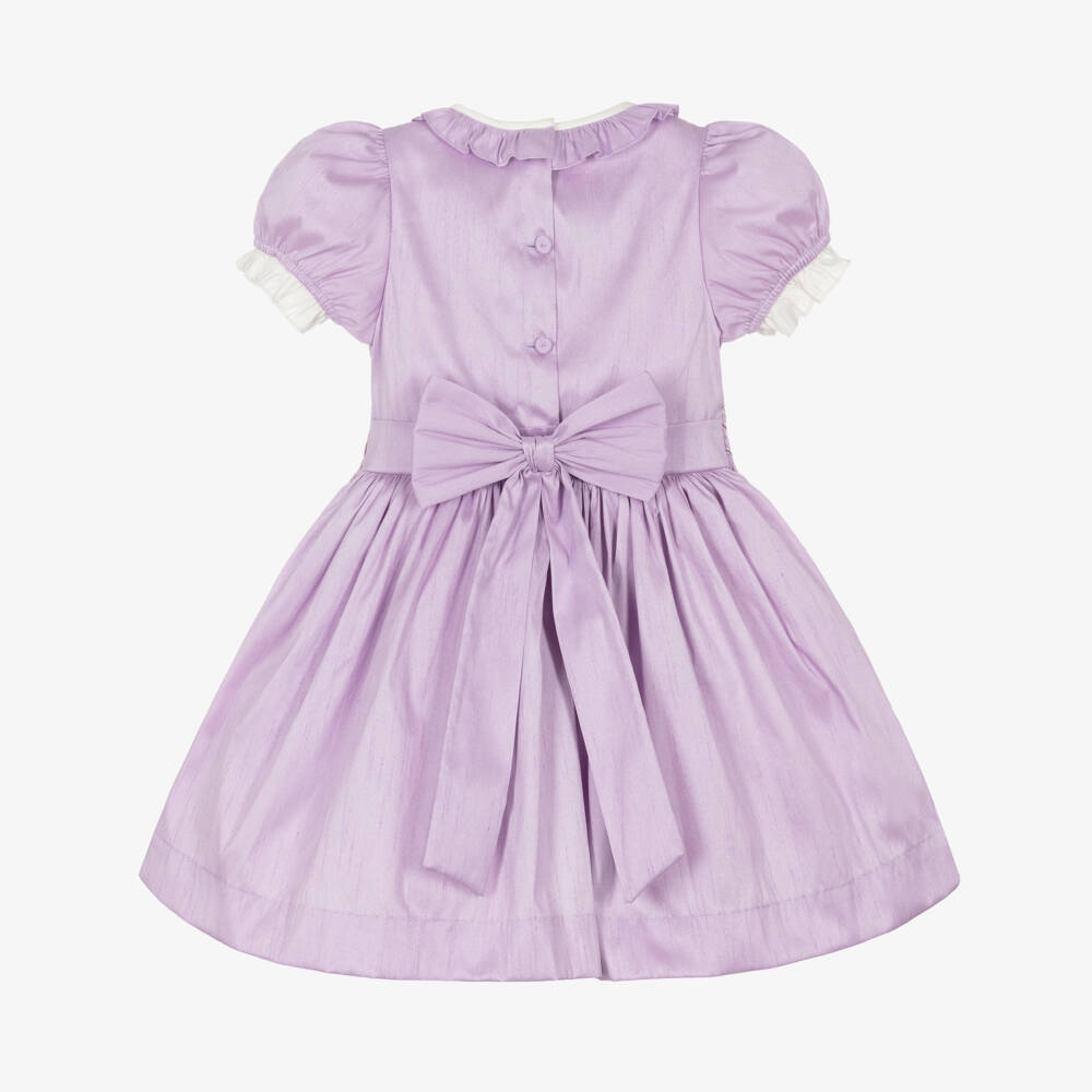Beatrice & George-Girls Lilac Hand Smocked Dupion Dress | Childrensalon