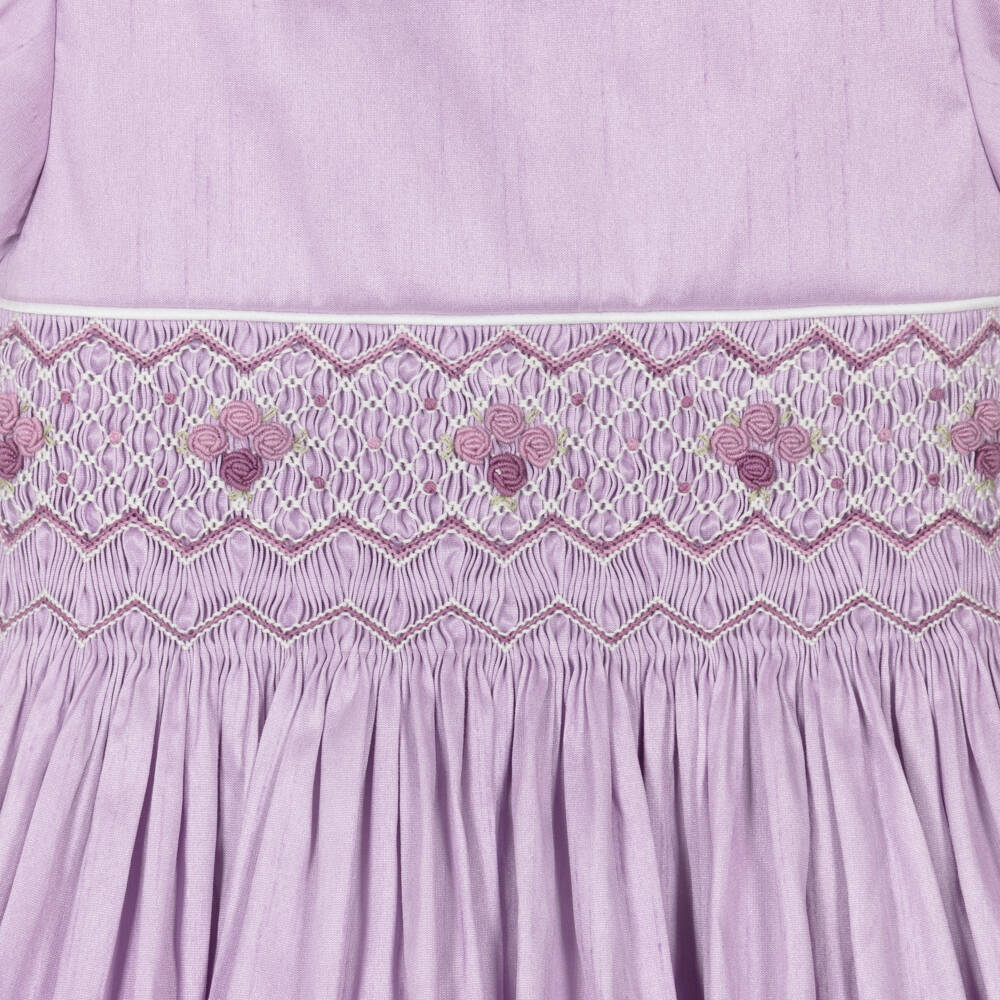 Beatrice & George-Girls Lilac Hand Smocked Dupion Dress | Childrensalon