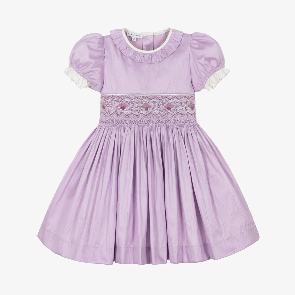 Beatrice & George-Girls Lilac Hand Smocked Dupion Dress | Childrensalon