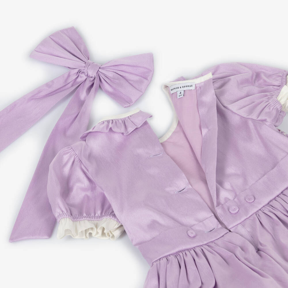 Beatrice & George-Girls Lilac Hand Smocked Dupion Dress | Childrensalon