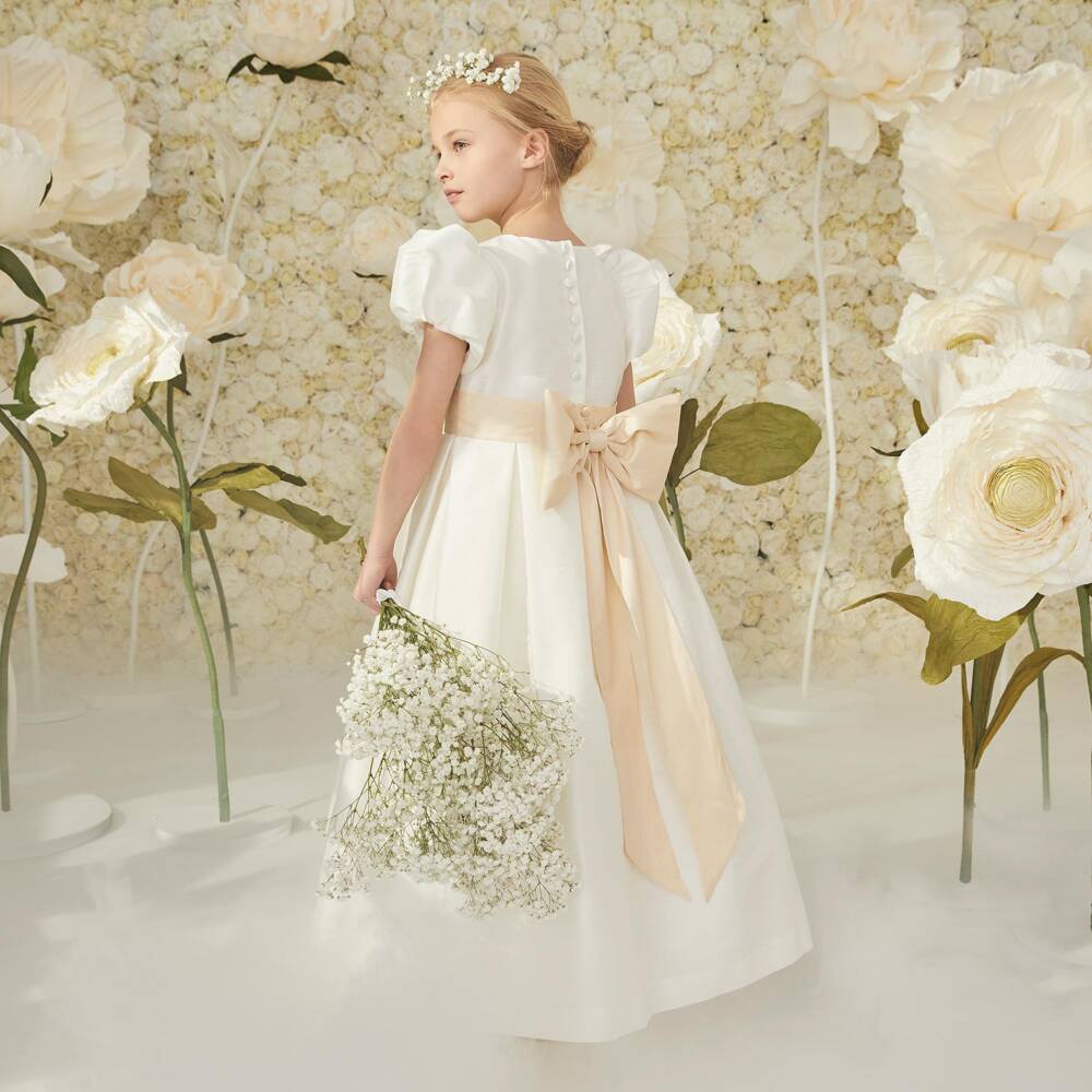 Beatrice & George-Girls Long Ivory Dupion Special Occasion Dress | Childrensalon