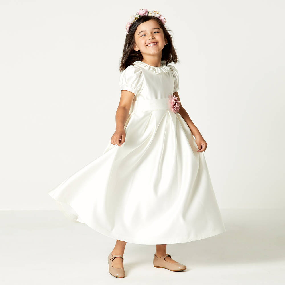 Beatrice & George-Girls Long Ivory Satin Dress | Childrensalon