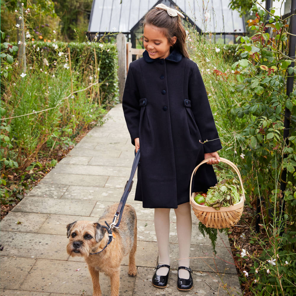 Beatrice & George-Girls Navy Blue Coat with Velvet Collar | Childrensalon