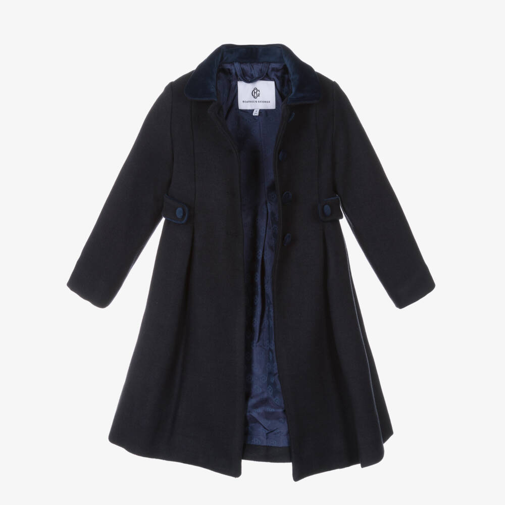 Beatrice & George-Girls Navy Blue Coat with Velvet Collar | Childrensalon