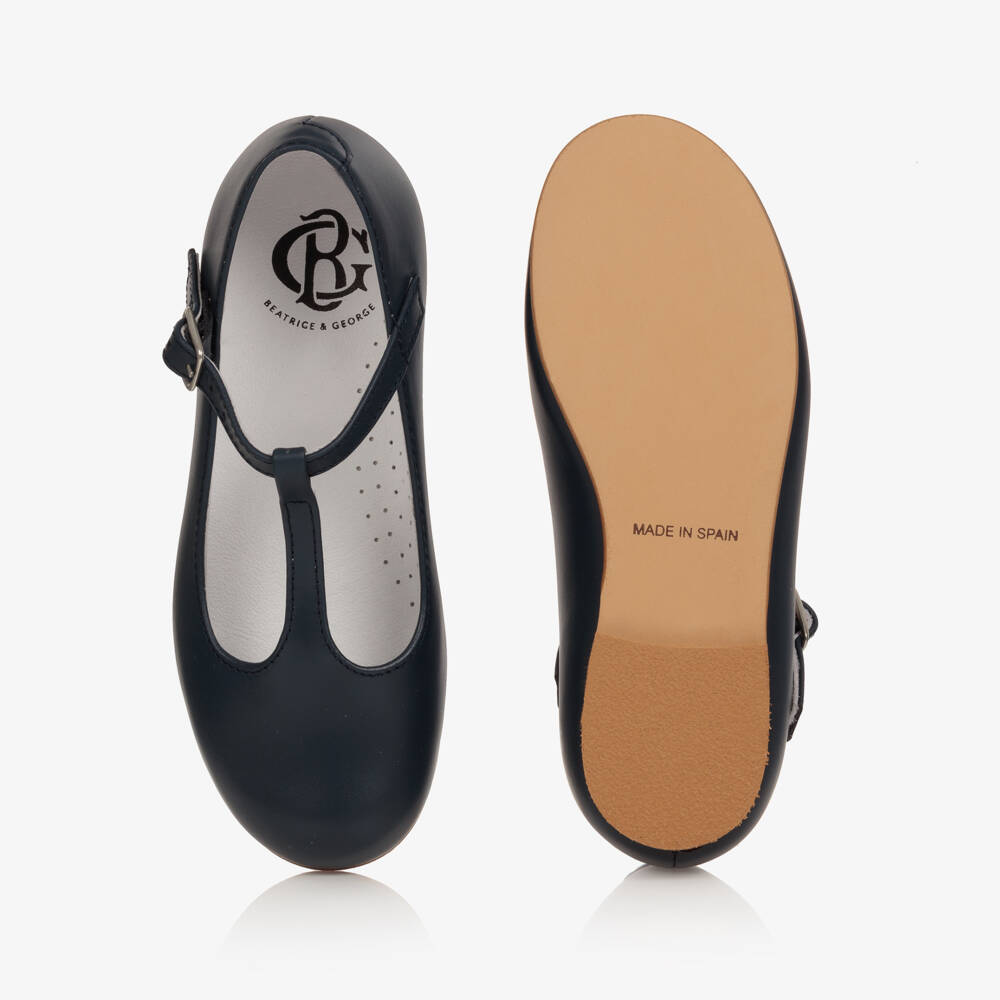 Beatrice & George-Girls Navy Blue Leather T-Bar Shoes | Childrensalon
