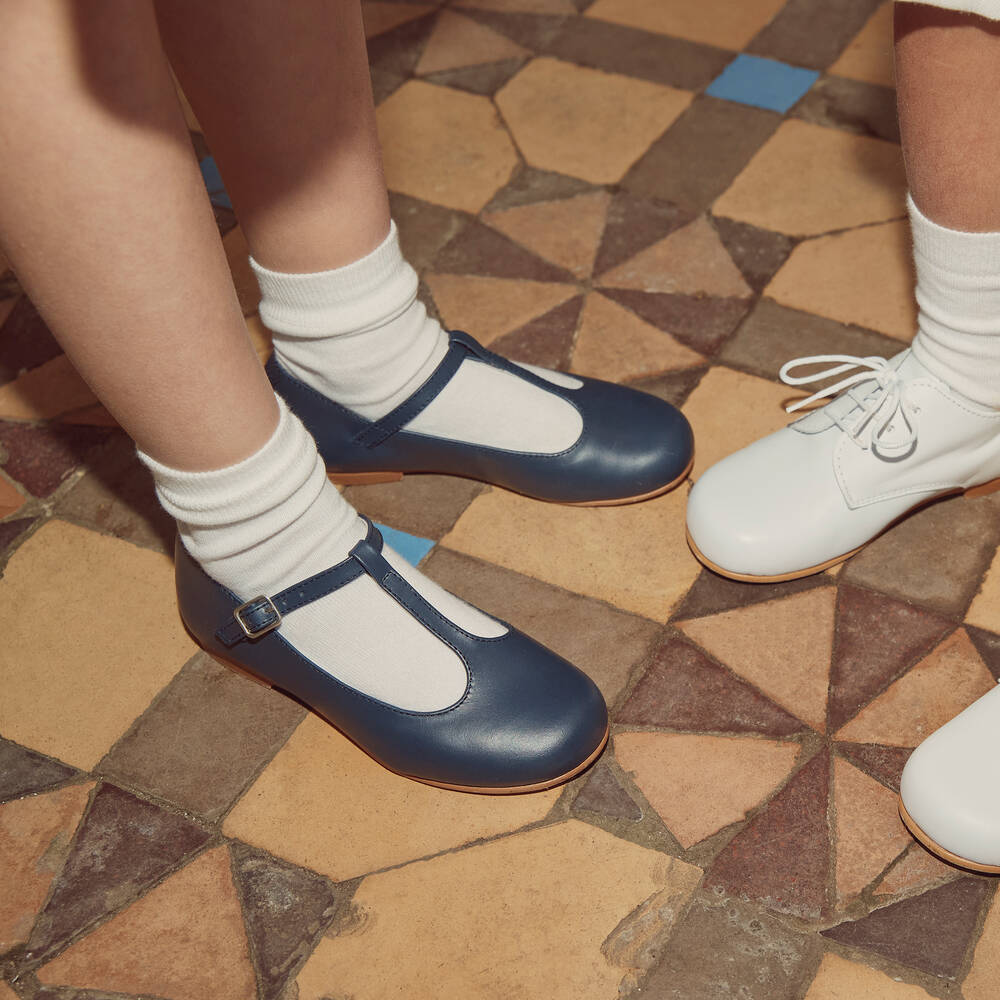 Beatrice & George-Girls Navy Blue Leather T-Bar Shoes | Childrensalon