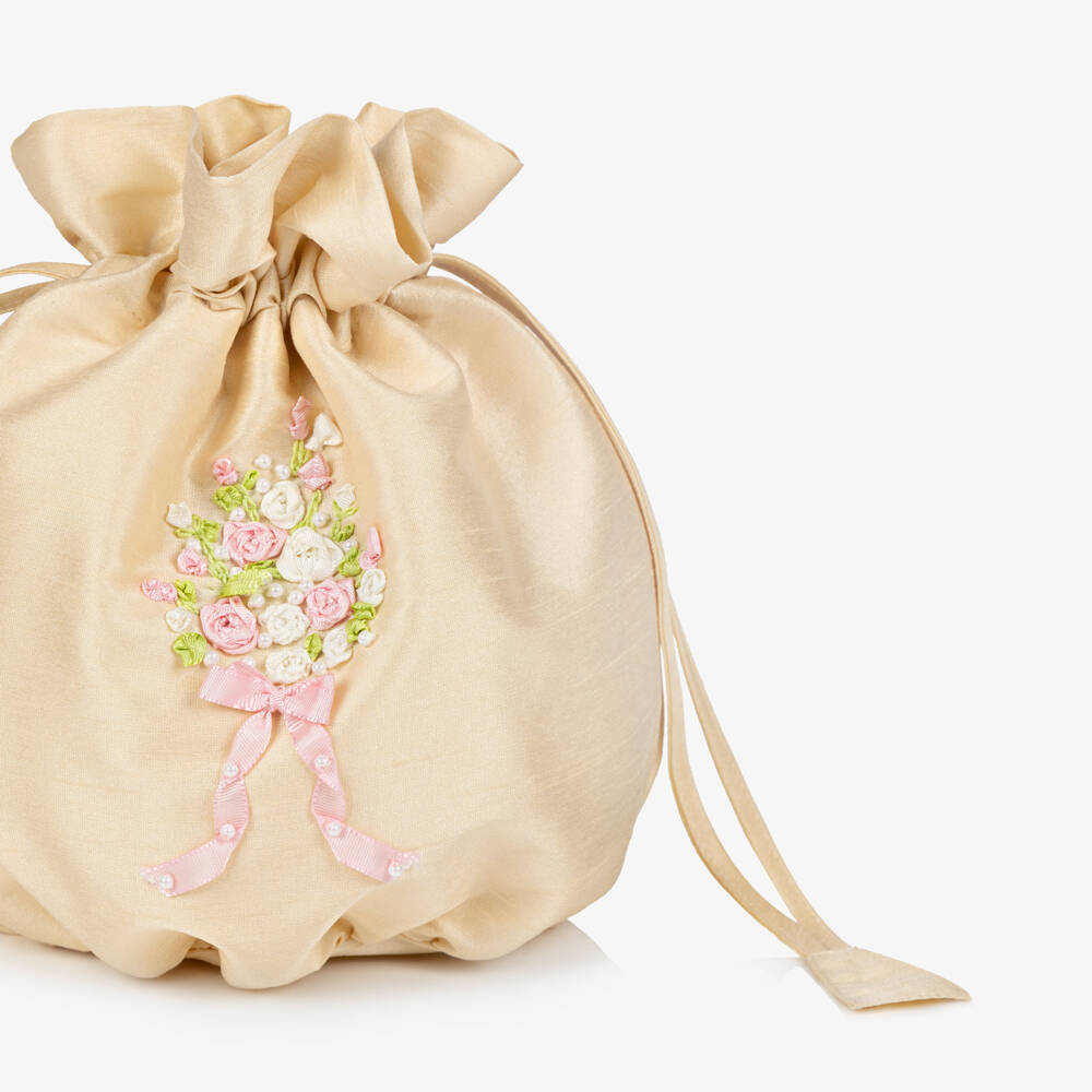 Beatrice & George-Сумка золотистая с ручной вышивкой из дюпиона для девочек (20см) | Childrensalon