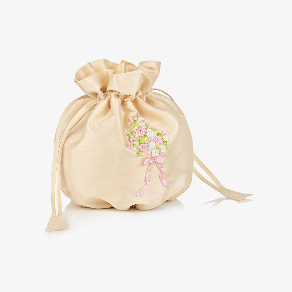 Beatrice & George-Сумка золотистая с ручной вышивкой из дюпиона для девочек (20см) | Childrensalon