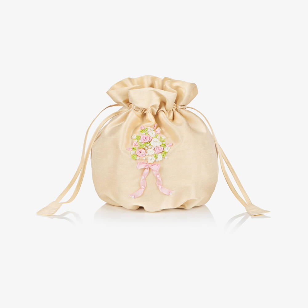 Beatrice & George-Сумка золотистая с ручной вышивкой из дюпиона для девочек (20см) | Childrensalon