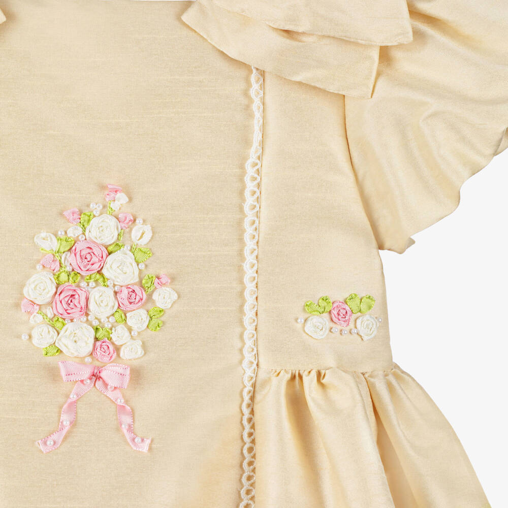 Beatrice & George-Платье из дюпиона с ручной вышивкой кремовое для девочек | Childrensalon