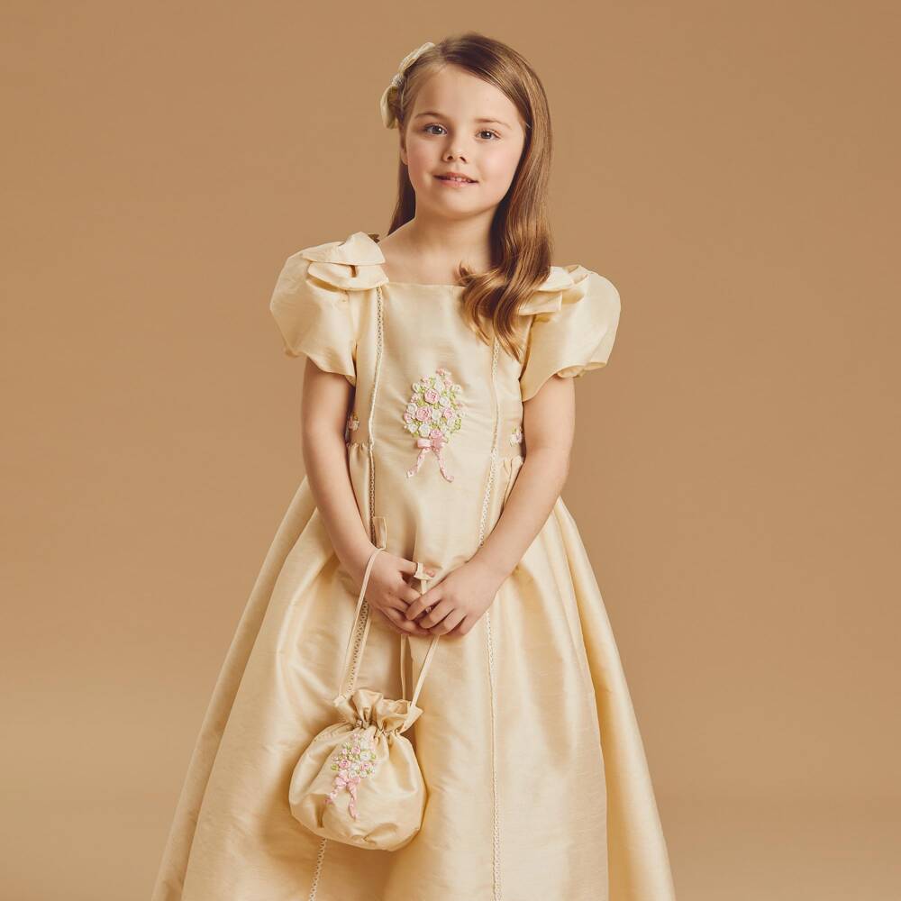 Beatrice & George-Girls Pale Gold Hand-Embroidered Dupion Dress | Childrensalon
