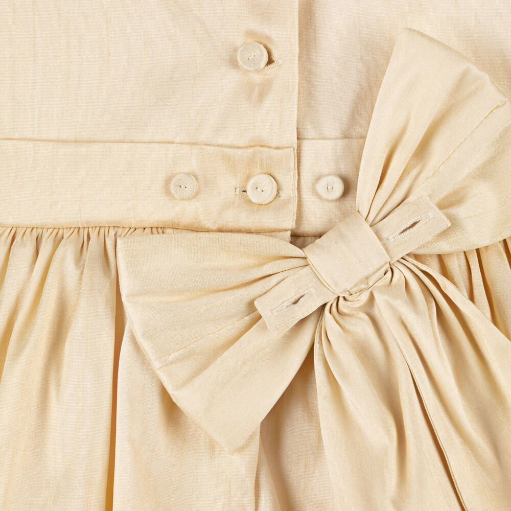 Beatrice & George-Girls Pale Gold Hand-Smocked Dupion Dress | Childrensalon
