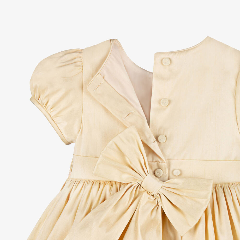 Beatrice & George-Girls Pale Gold Hand-Smocked Dupion Dress | Childrensalon