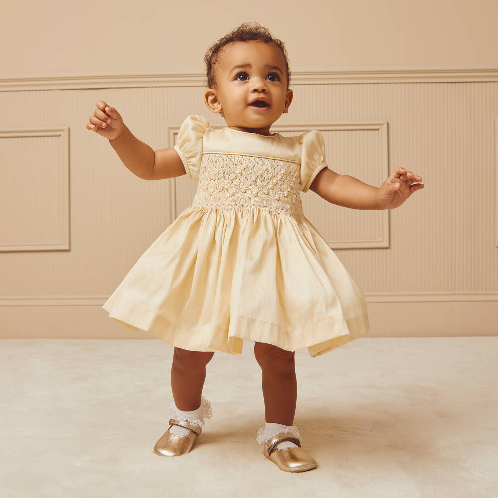 Beatrice & George-Girls Pale Gold Hand-Smocked Dupion Dress | Childrensalon