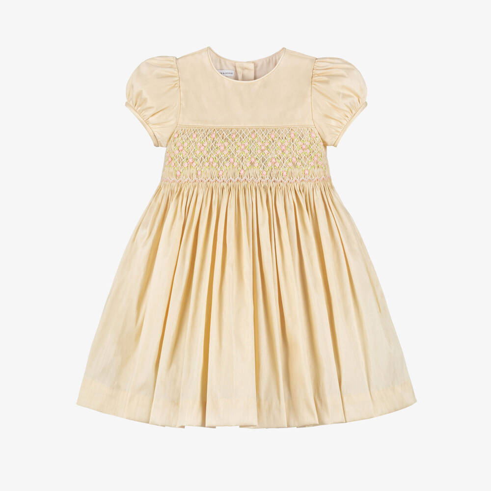 Beatrice & George-Girls Pale Gold Hand-Smocked Dupion Dress | Childrensalon