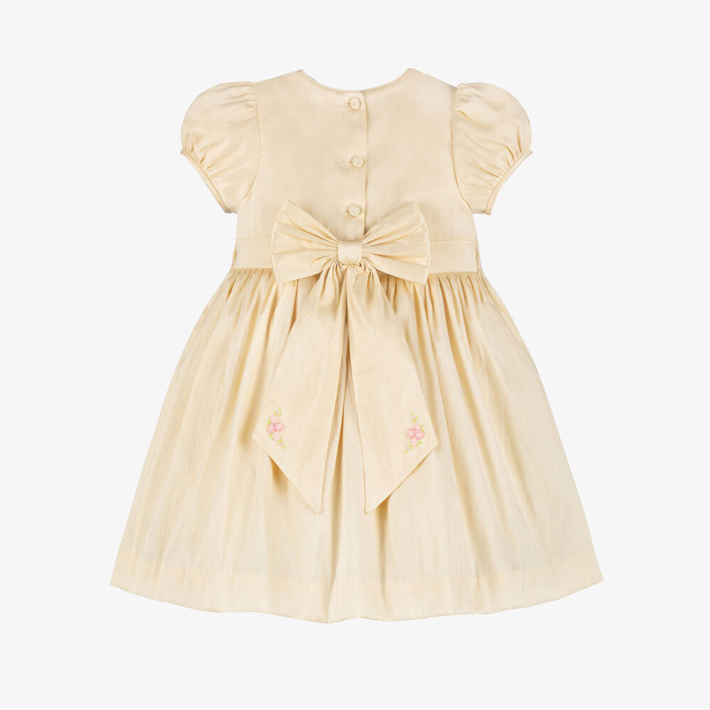 Beatrice & George-Girls Pale Gold Hand-Smocked Dupion Dress | Childrensalon