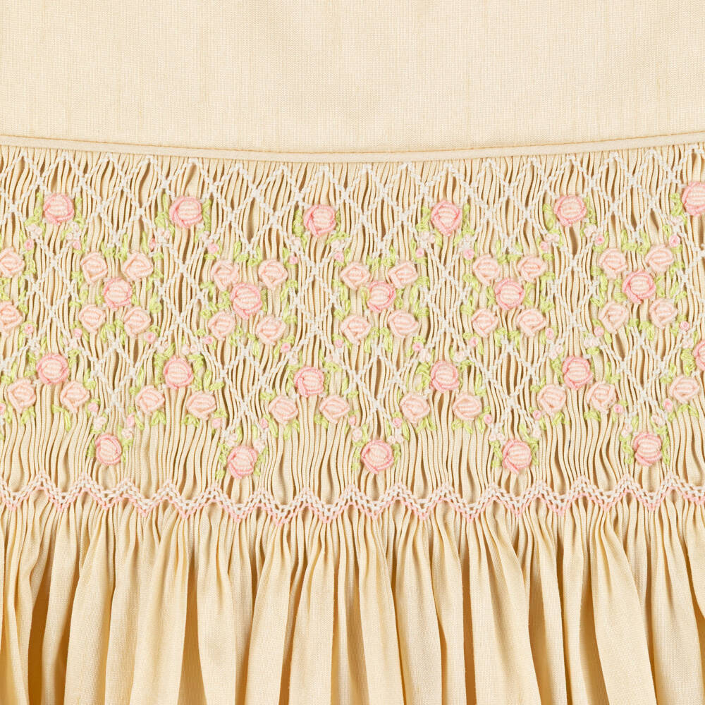 Beatrice & George-Girls Pale Gold Hand-Smocked Dupion Dress | Childrensalon