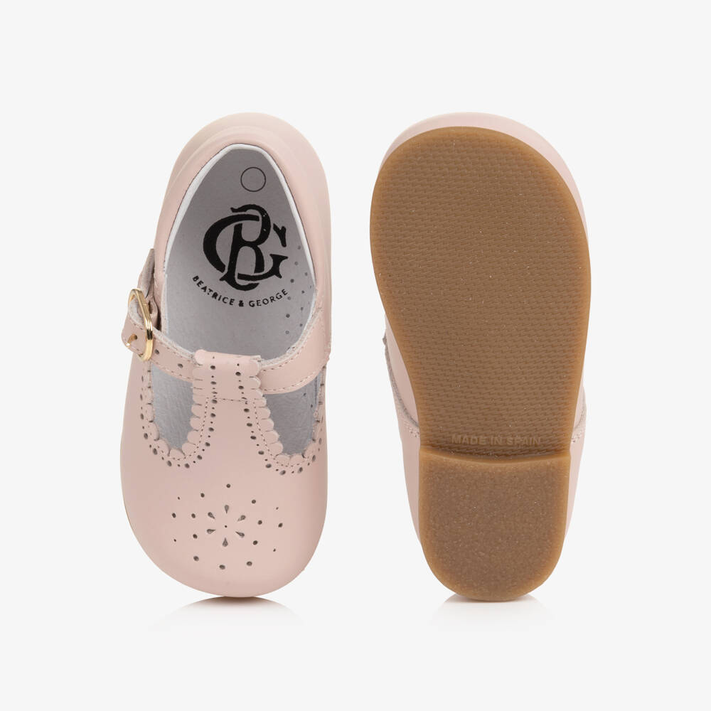 Beatrice & George-Girls Pale Pink Leather T-Bar Shoes | Childrensalon