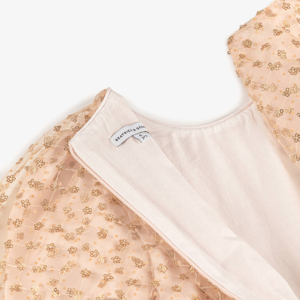 Beatrice & George-Girls Pale Pink Tulle Cape Dress with Gold Sequinned Flowers | Childrensalon