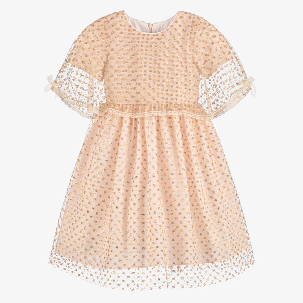 Beatrice & George-Girls Pale Pink Tulle Cape Dress with Gold Sequinned Flowers | Childrensalon