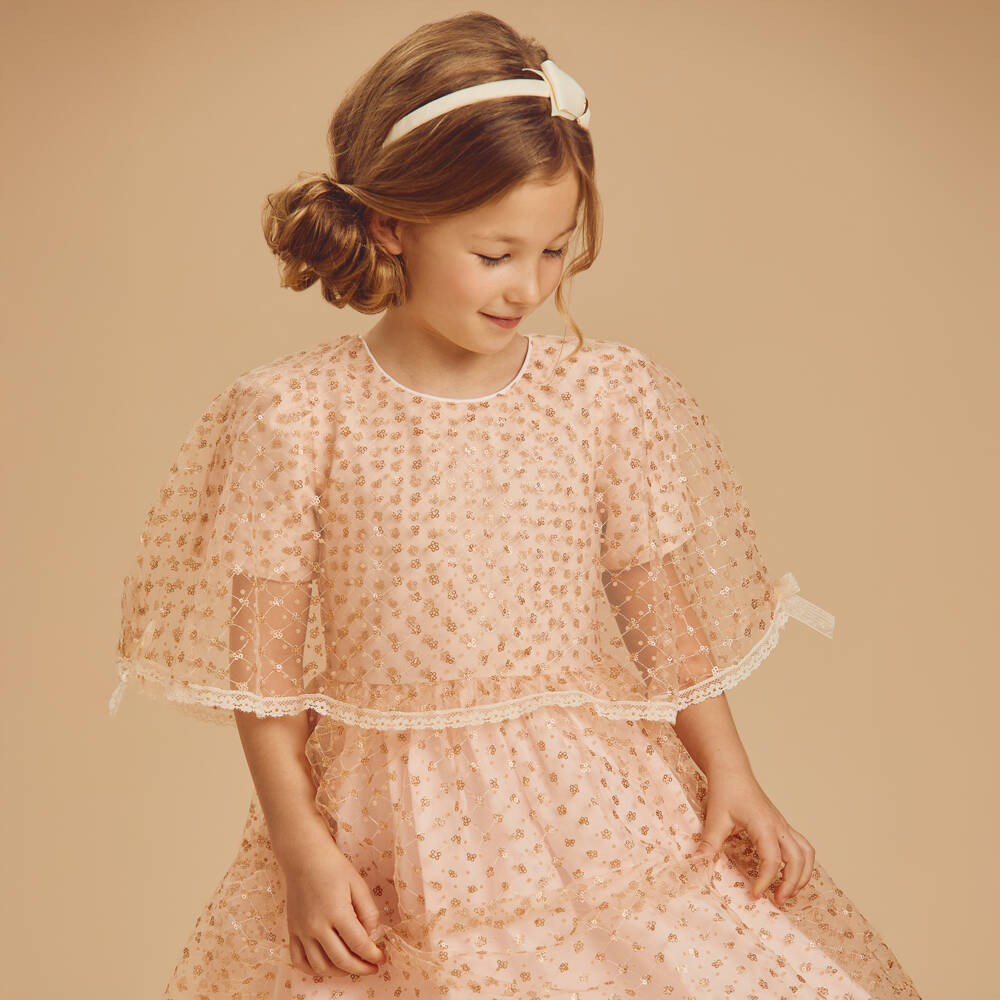 Beatrice & George-Girls Pale Pink Tulle Cape Dress with Gold Sequinned Flowers | Childrensalon