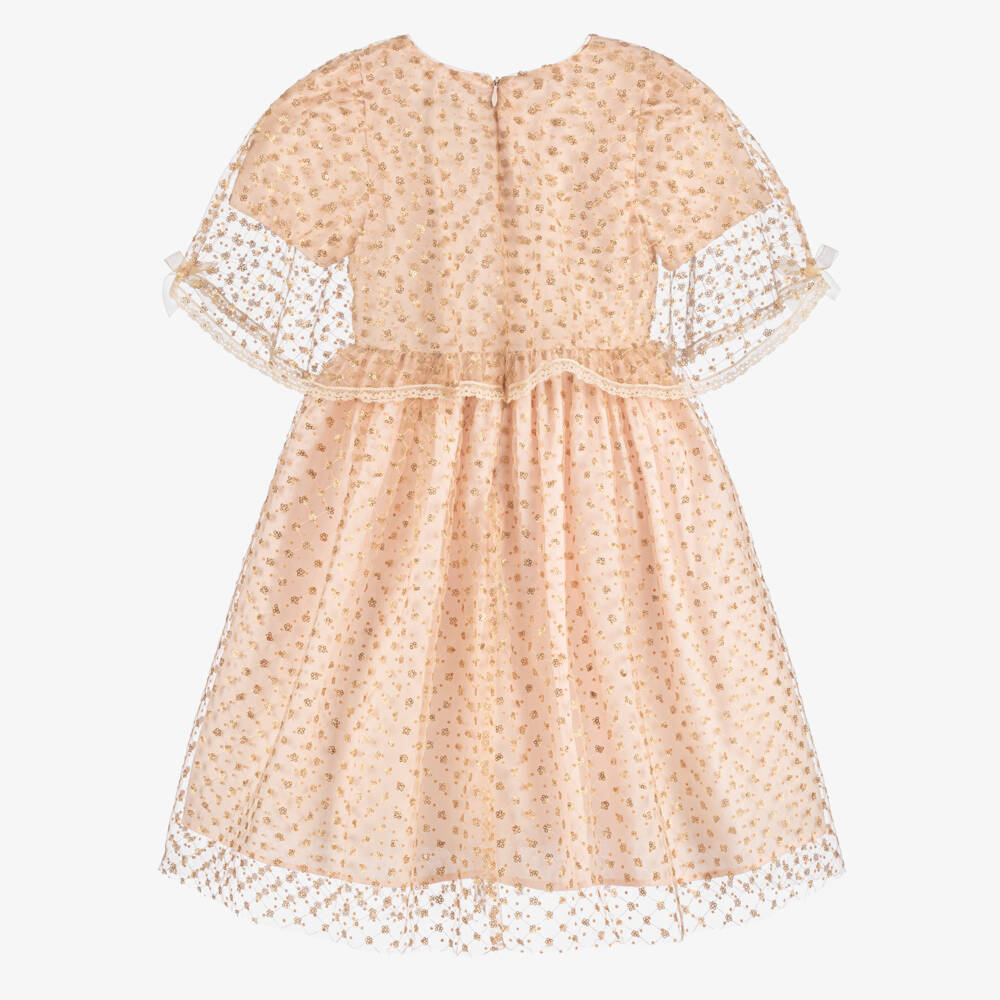 Beatrice & George-Girls Pale Pink Tulle Cape Dress with Gold Sequinned Flowers | Childrensalon