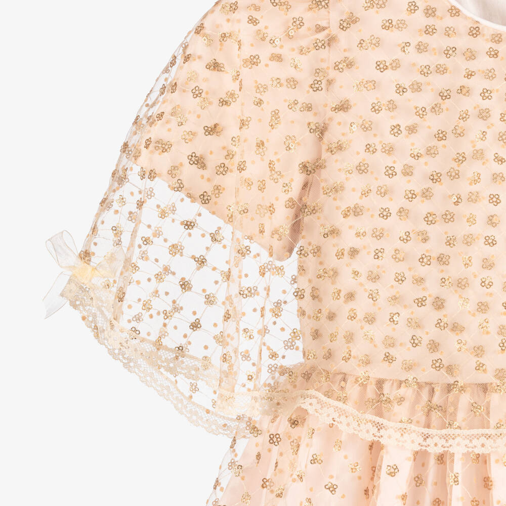 Beatrice & George-Girls Pale Pink Tulle Cape Dress with Gold Sequinned Flowers | Childrensalon