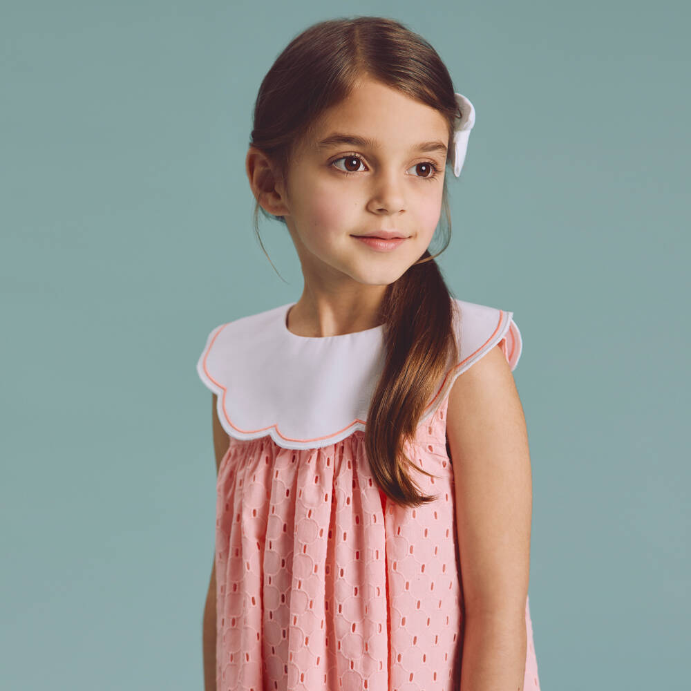 Beatrice & George-Girls Pink Cotton Broderie Anglaise Dress | Childrensalon
