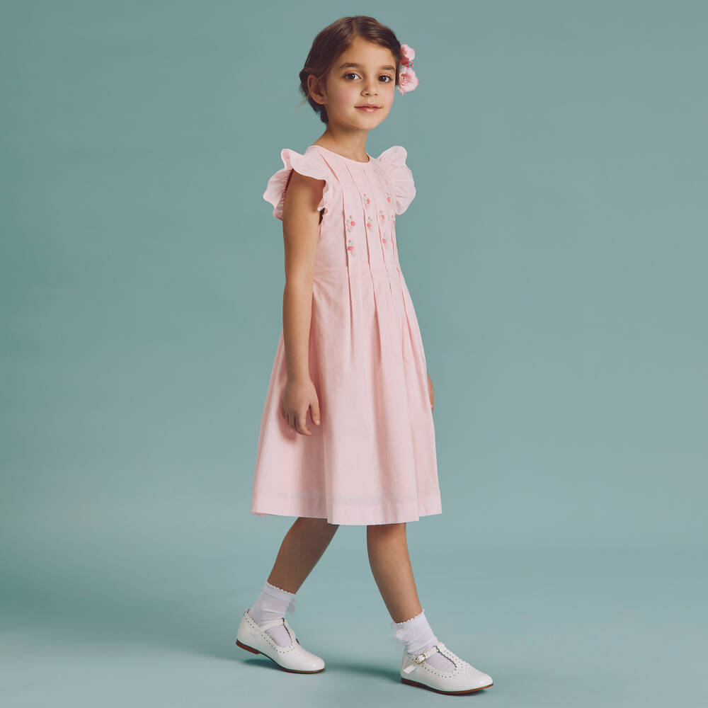 Beatrice & George-Розовое хлопковое платье с вышитыми цветами для девочек | Childrensalon