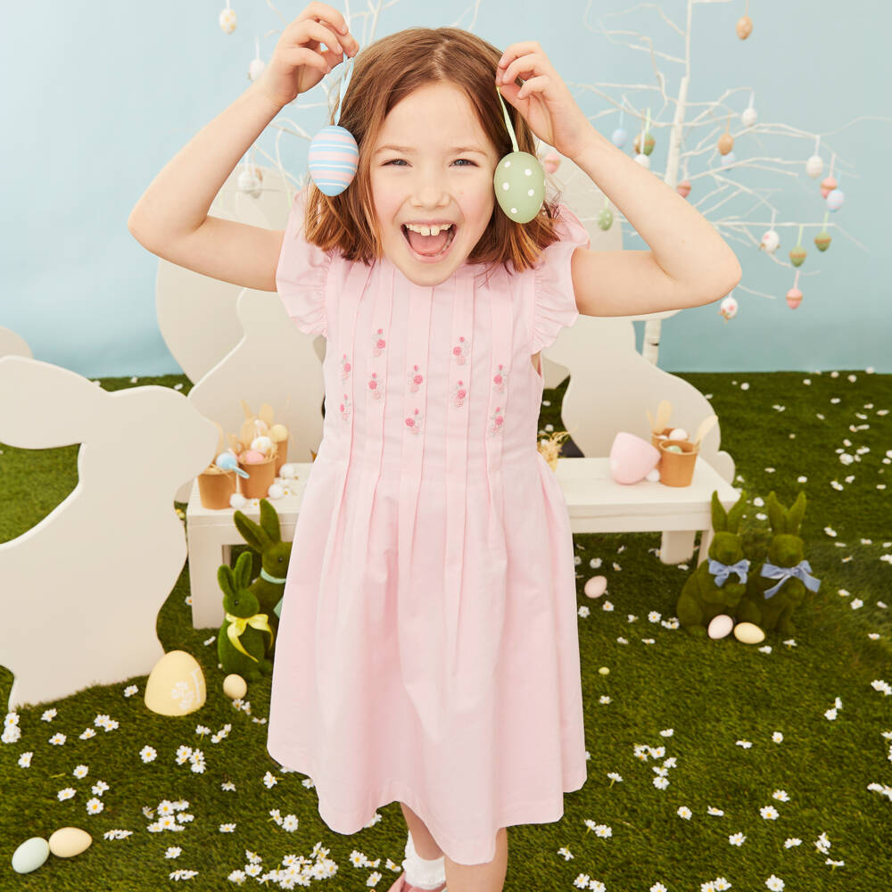 Beatrice & George-فستان قطن مطرز بورود لون زهري | Childrensalon