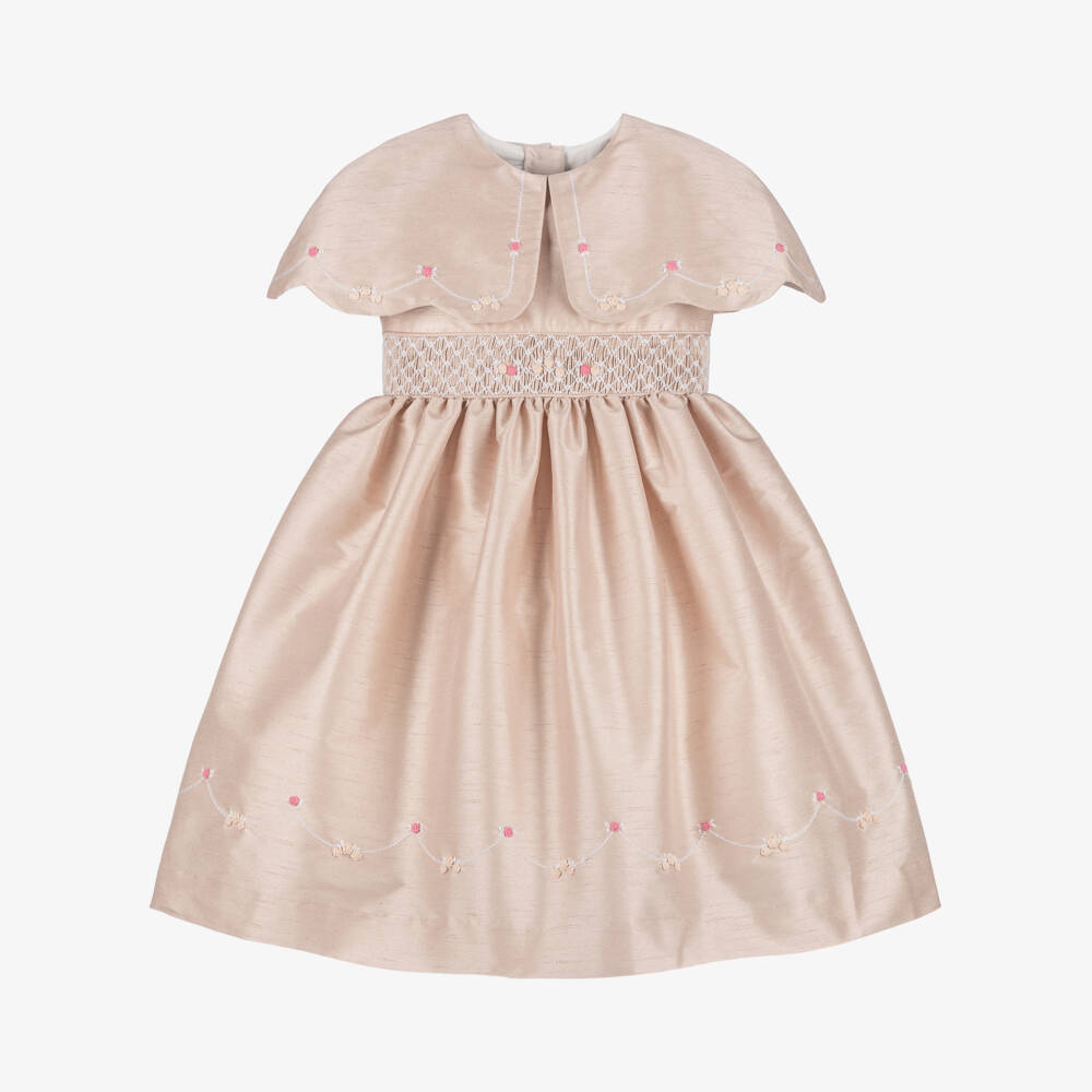 Beatrice & George-Girls Pink Hand-Smocked Cape Collar Dress | Childrensalon