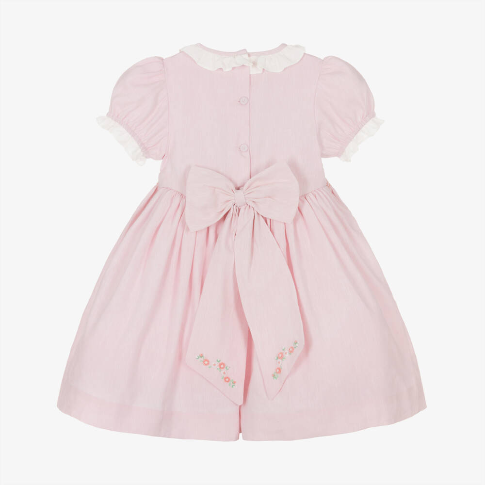 Beatrice & George-Girls Pink Hand-Smocked Dress with Floral Embroidery | Childrensalon